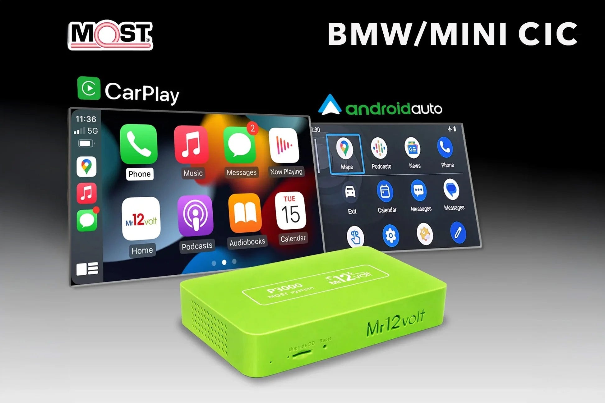 Mr12Volt MOST Bus BMW CIC CarPlay & AA Interface with OEM microphone support - BMW E8X 1 Series | E9X 3 Series | E6X 5 series | Mini Cooper R55 - R61 - Evolve Automotive